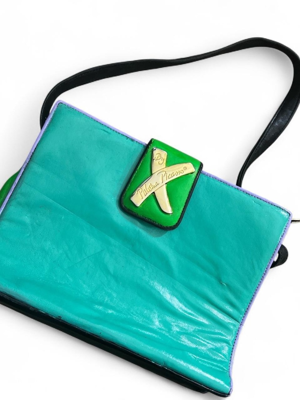Paloma Picasso Turquoise and Green Painted Leather Shoulder Bag with Gold Accent